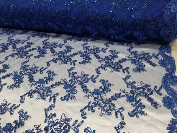 1 Yard Royal Blue Metallic Flowers Sequins Mesh Lace Fabric for Tablecloths and Costumes