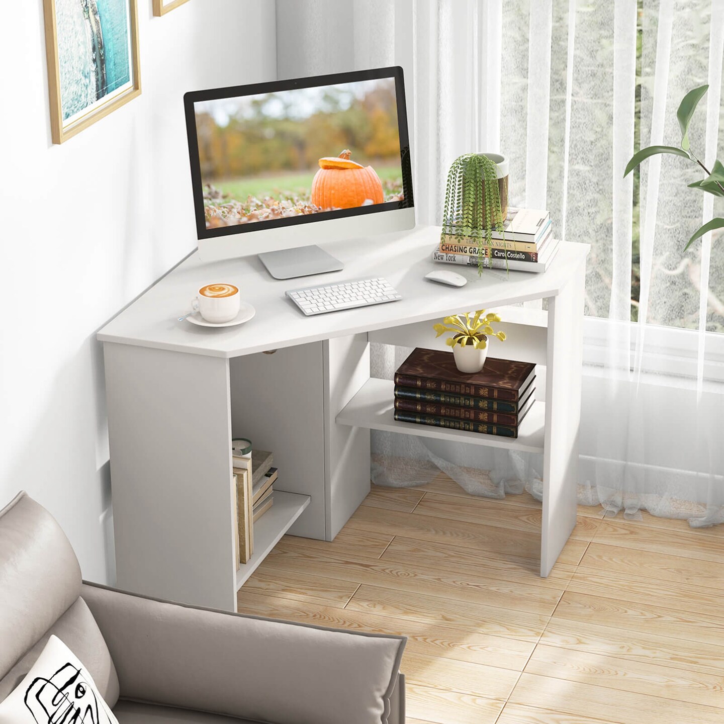 Costway Corner Computer Desk Triangle Writing Workstation w/ Storage Shelf White\Black