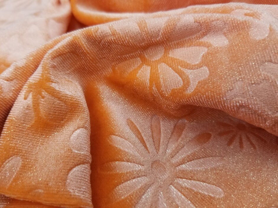1 Yard Orange Stardust Embossed Floral Stretch Velvet Fabric for Dresses Decor DIY 56" Width