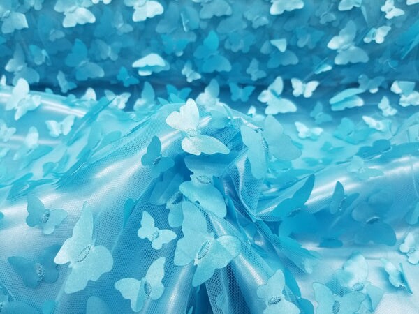 1 Yard 3D Butterfly Embroidered Aqua Mesh Lace Fabric for Dresses and Crafts