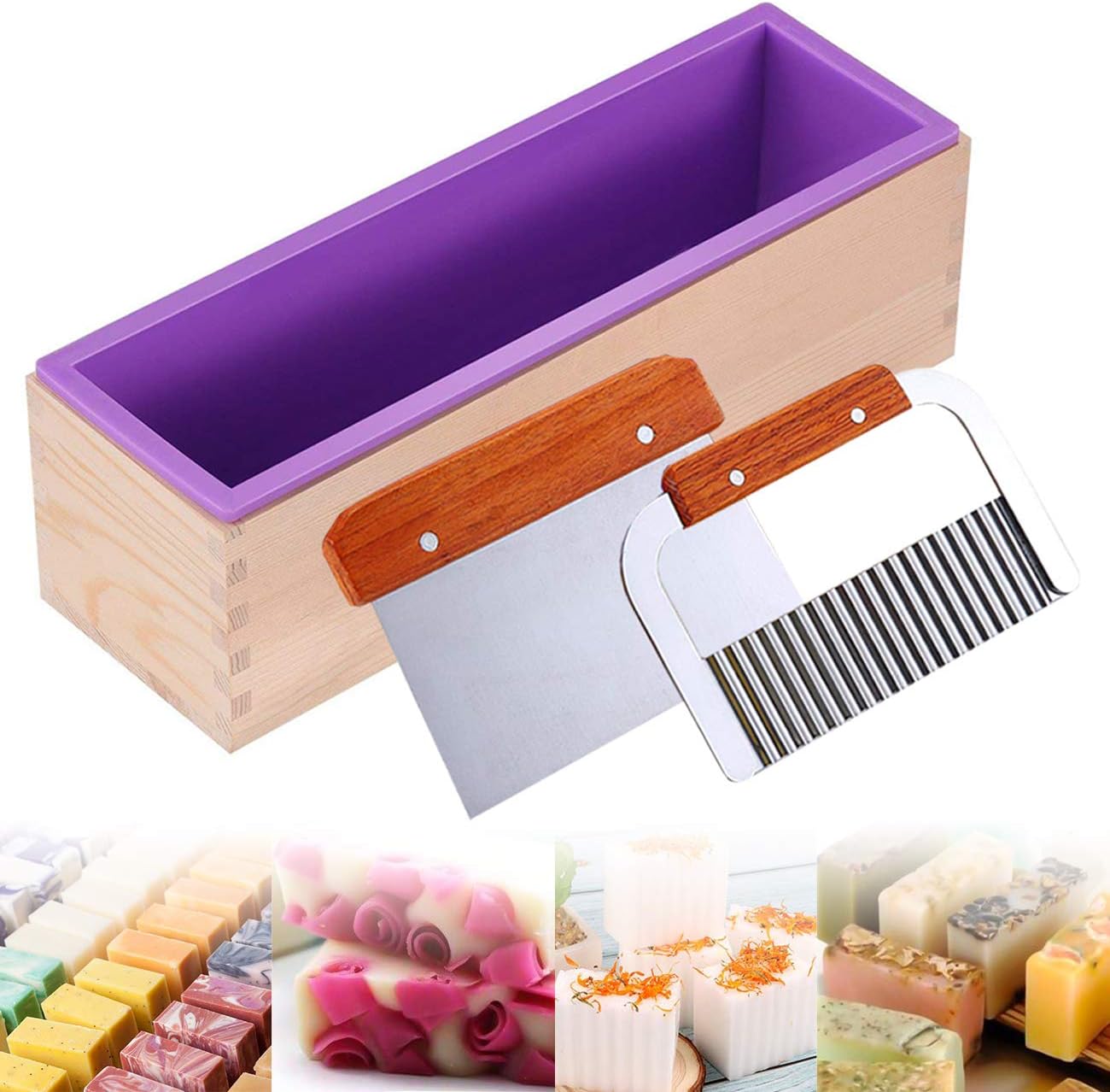 Soap Making Kit, Wooden Soap Cutter, Slicer, Soap Making Supplies, Silicone Soap Molds with Wavy & Straight Scraper