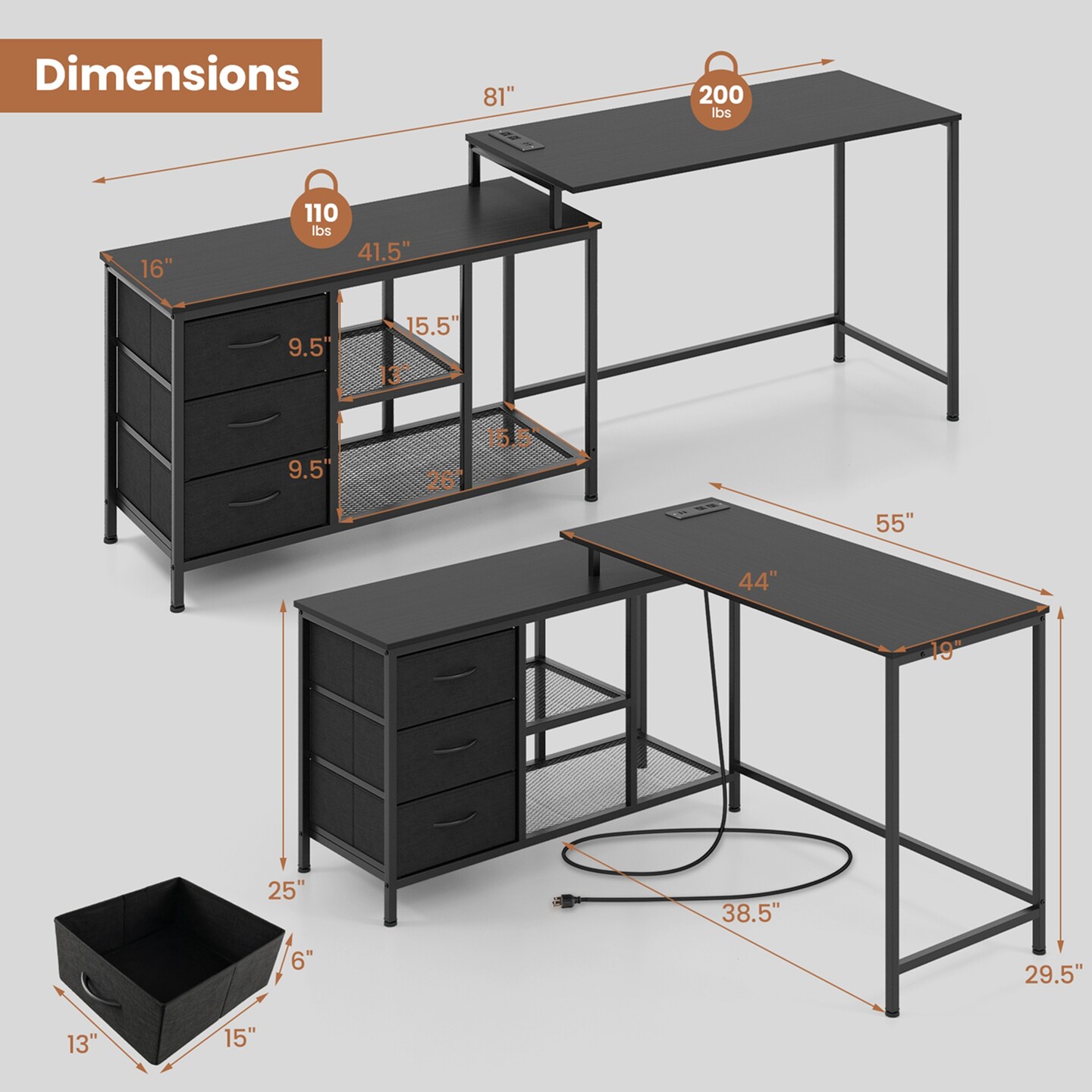 Costway L-shaped Computer Desk with Power Outlet, Drawers, Metal Mesh Shelves Rustic Brown/Black/White