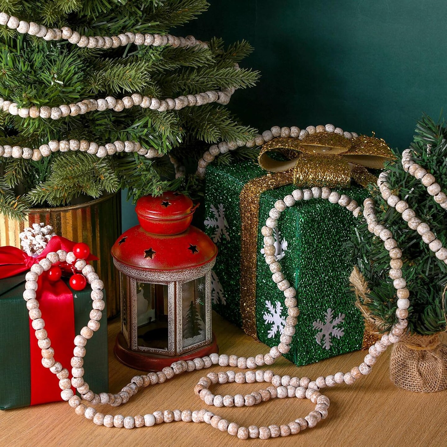 16 Feet Christmas Wood Bead Garland Wooden Bead Garland for Christmas Tree Holiday Decoration (Retro White)