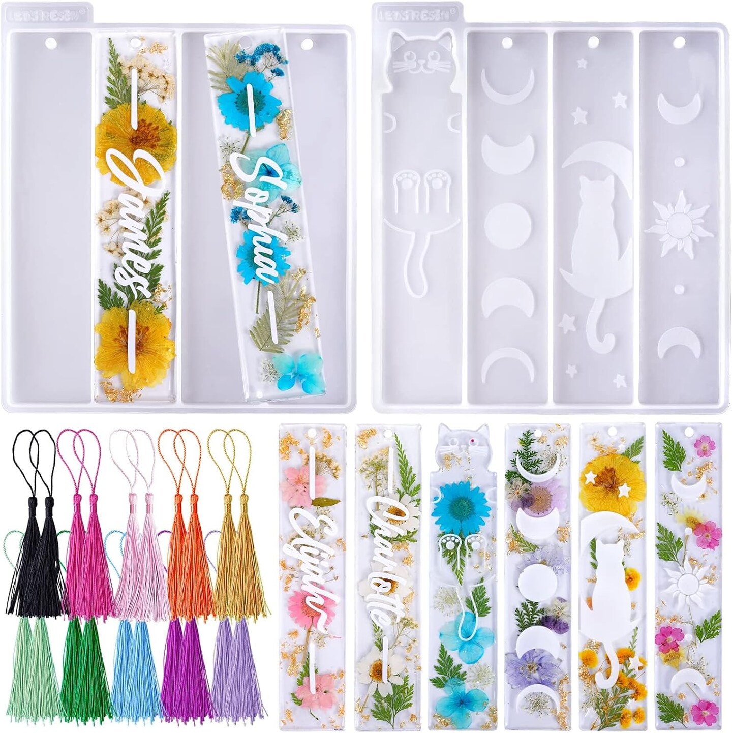 LET'S RESIN Bookmark Resin Molds Silicone 1.5'' Wide, Blank and Cat Moon Pattern Silicone Bookmark Molds Kit with 20pcs Tassels, Rectangle Bookmark Molds for Epoxy Resin Casting Crafts 436466609194893316