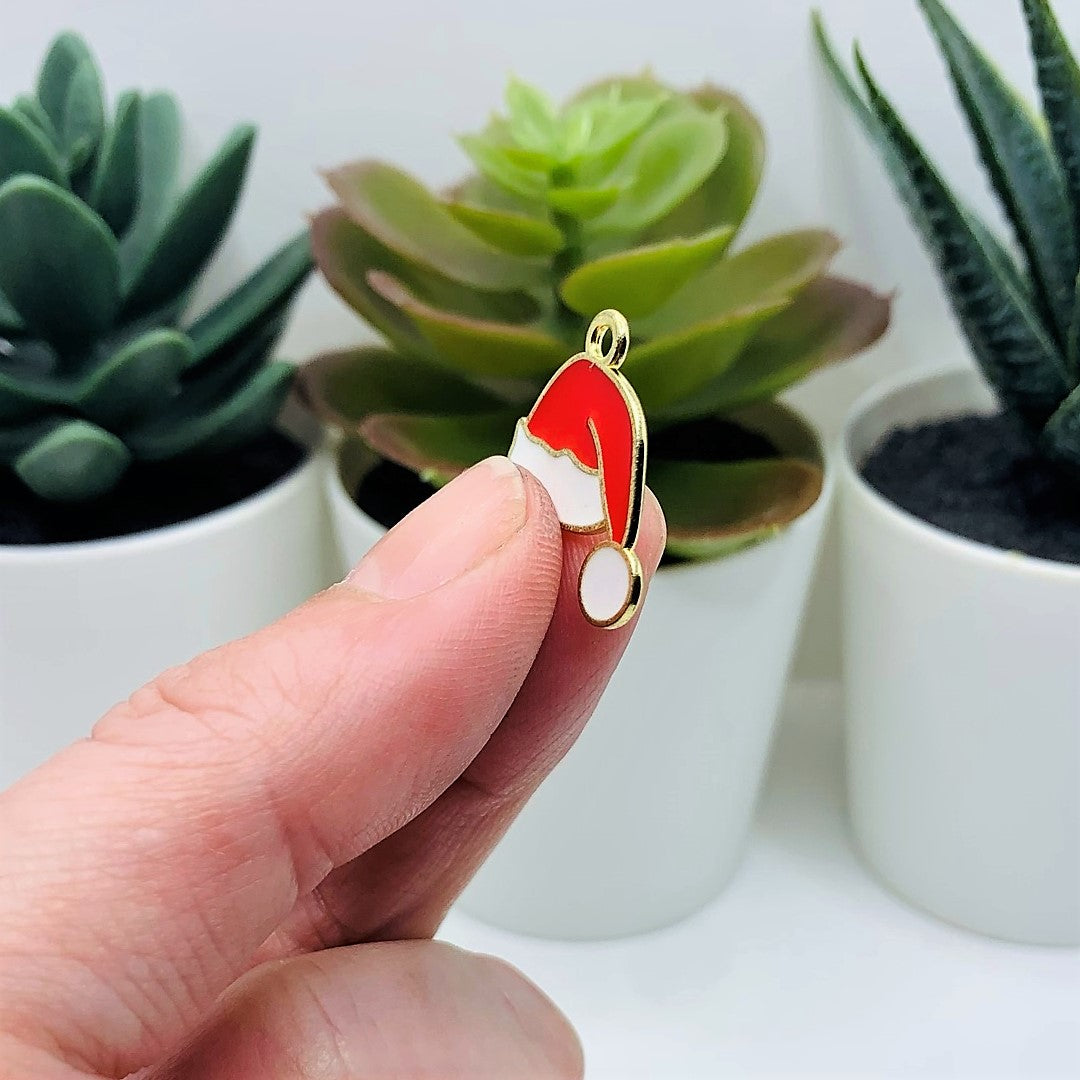 Red and White Enamel Santa Hat Christmas Charms, 19x21mm
