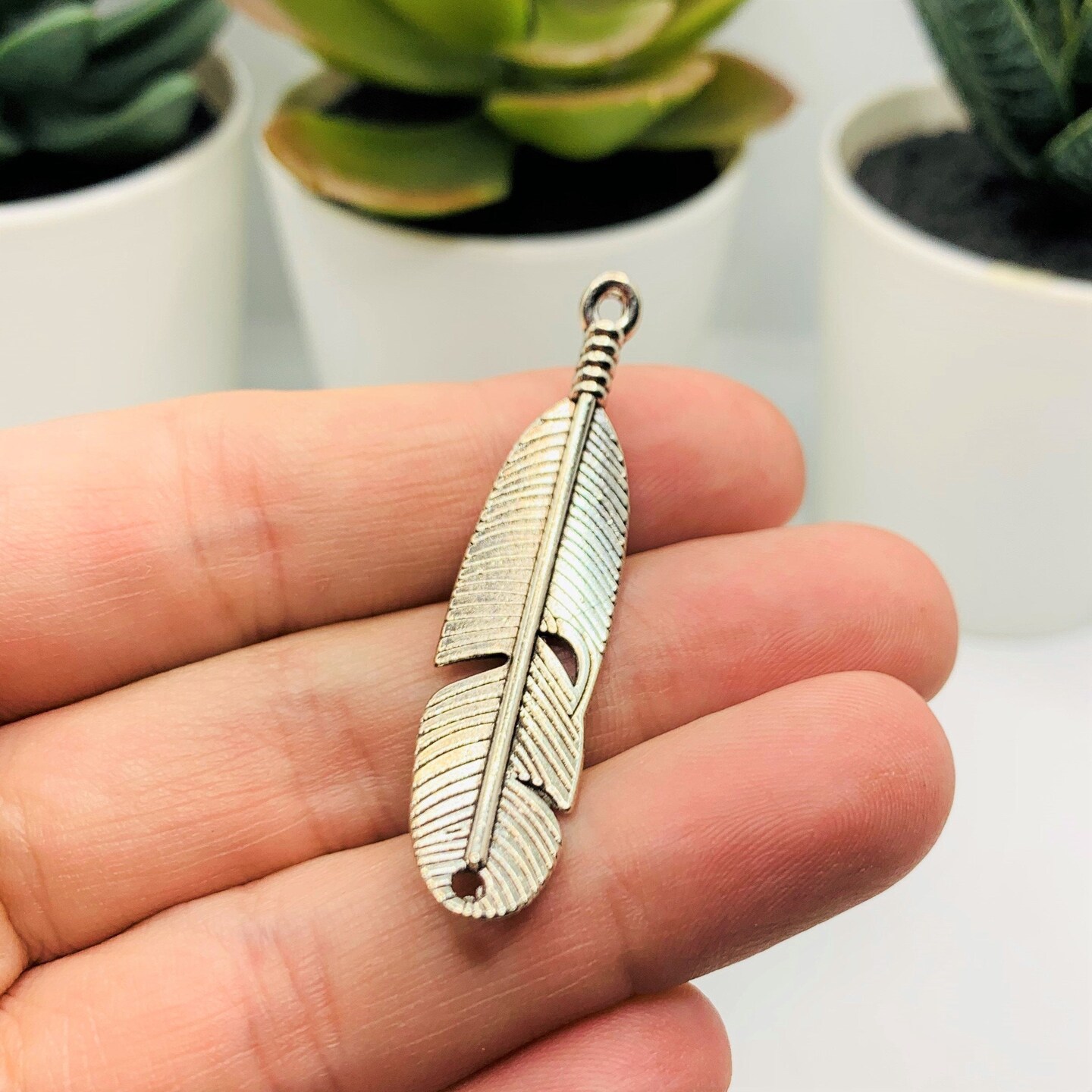 Silver Feather Connector Charms, 45x11mm