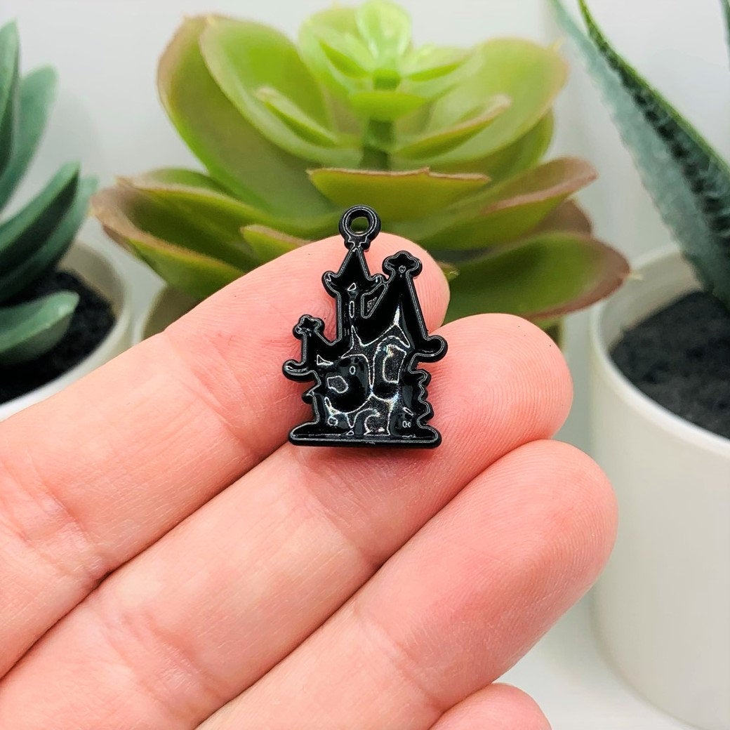 Black Enamel Haunted House Halloween Charms, 23x15mm