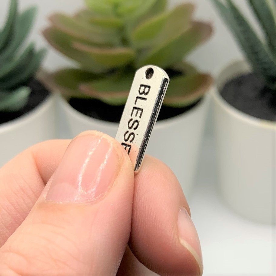 Silver Blessed Word Bar Tag Charms, 8x21mm