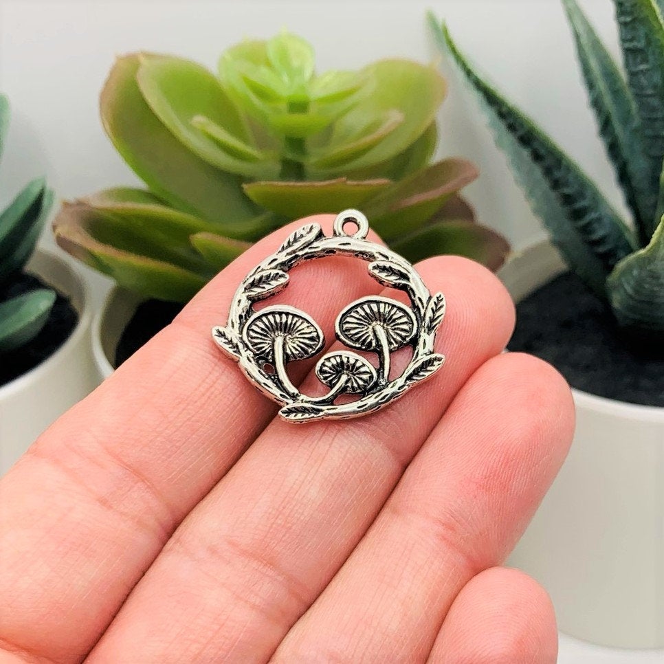 Silver Round Mushroom Charms, 26x25mm