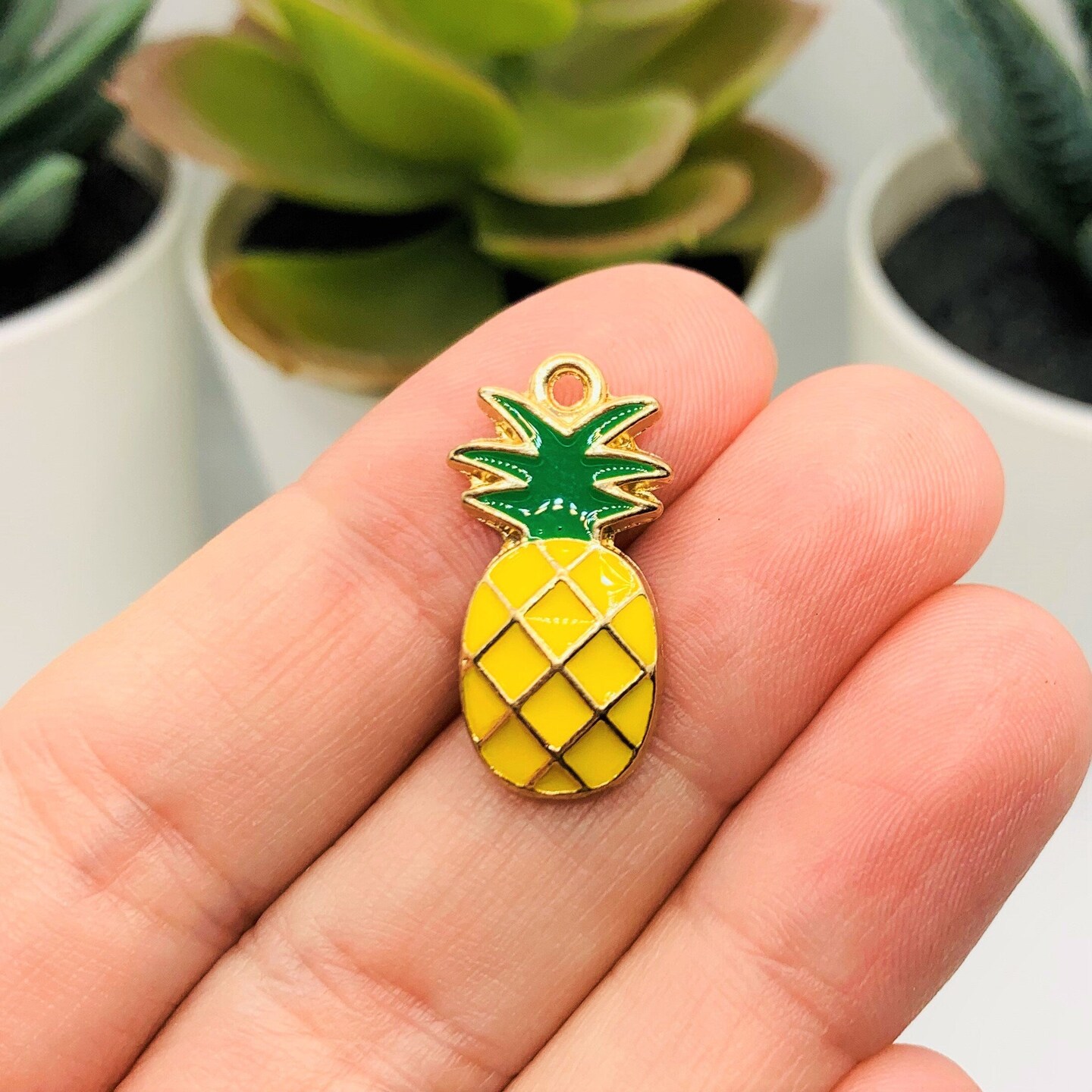 Yellow and Green Enamel Pineapple Charms with Gold Plating, 23x12mm