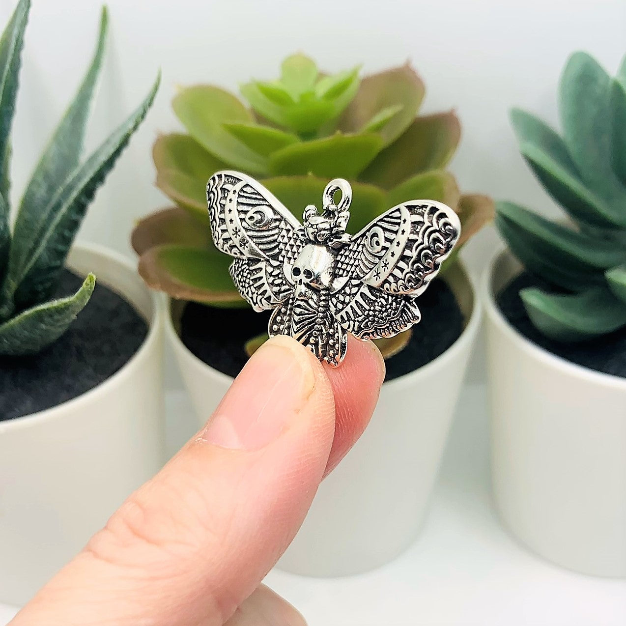 Large Silver Death&#x27;s Head Moth Charms, 43x27mm