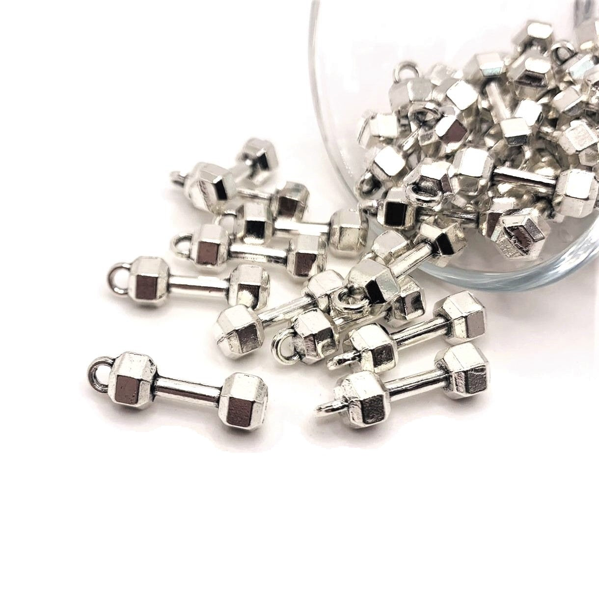Silver Dumbbell Gym Charms, 21x6mm