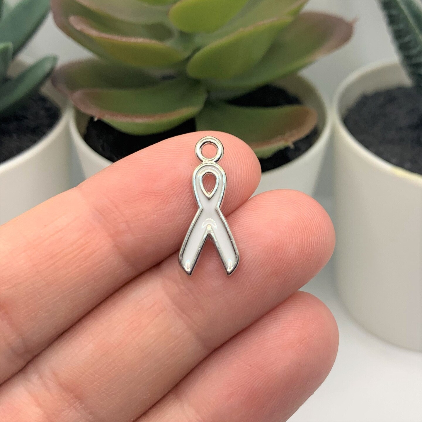 White Awareness Domestic Violence Ribbon Charms, 20x9mm