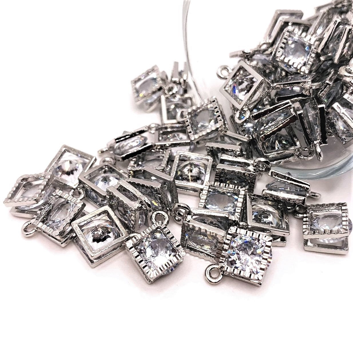Cubic Zirconia Caged Rhombus Charms with Silver, 14x11mm