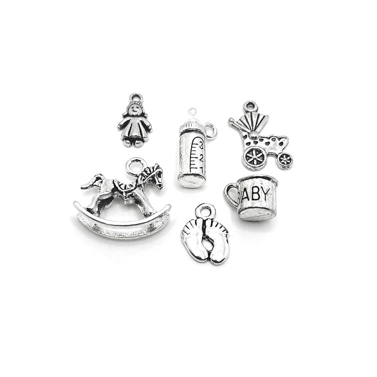 Antique Silver Baby Shower Theme Charms, 30 pieces - 6 styles