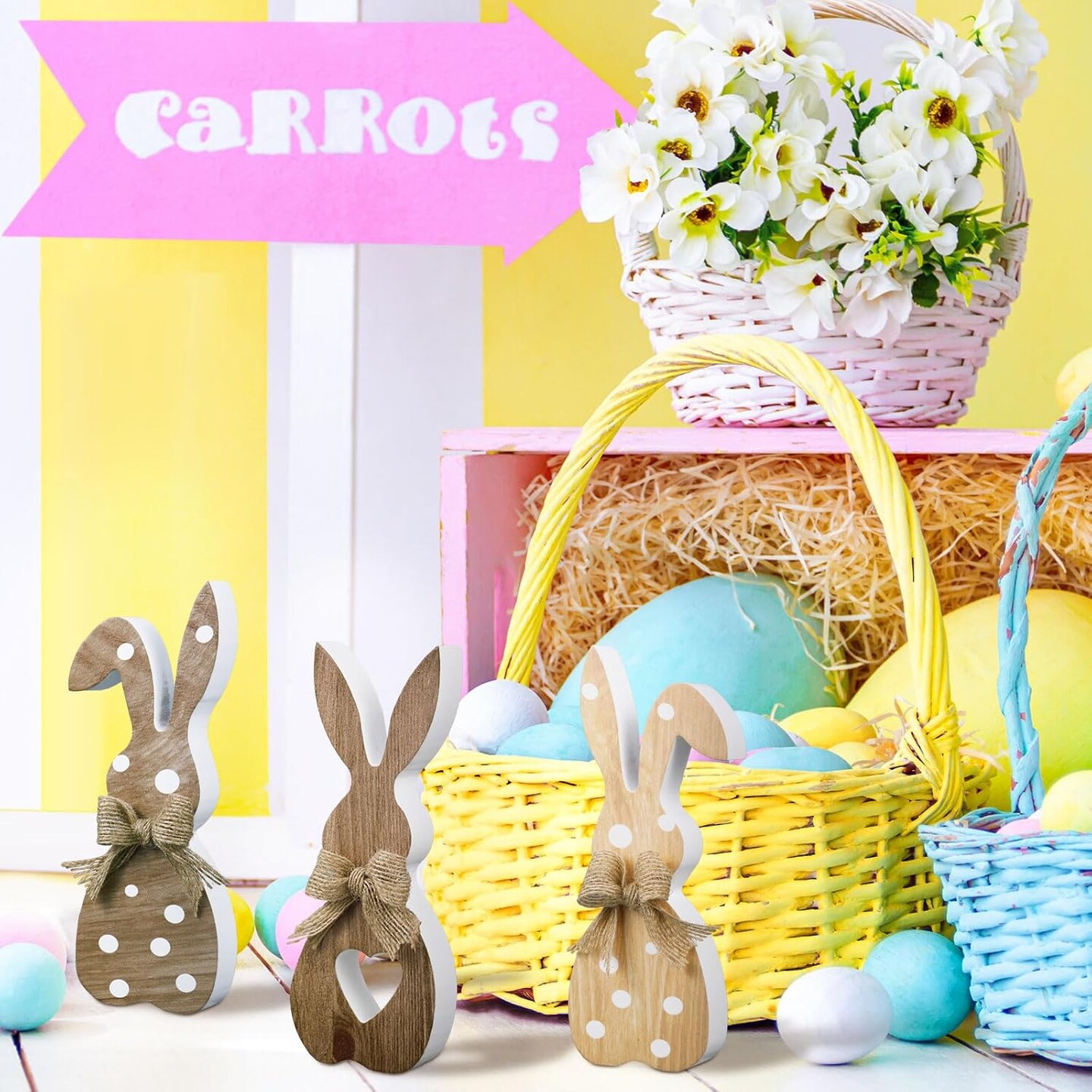 3-Piece Easter Bunny Table Decorations – Wooden Farmhouse Tiered Tray Decor, Rustic Rabbit Centerpiece for Spring Home & Party Tabletop (Natural Brown)