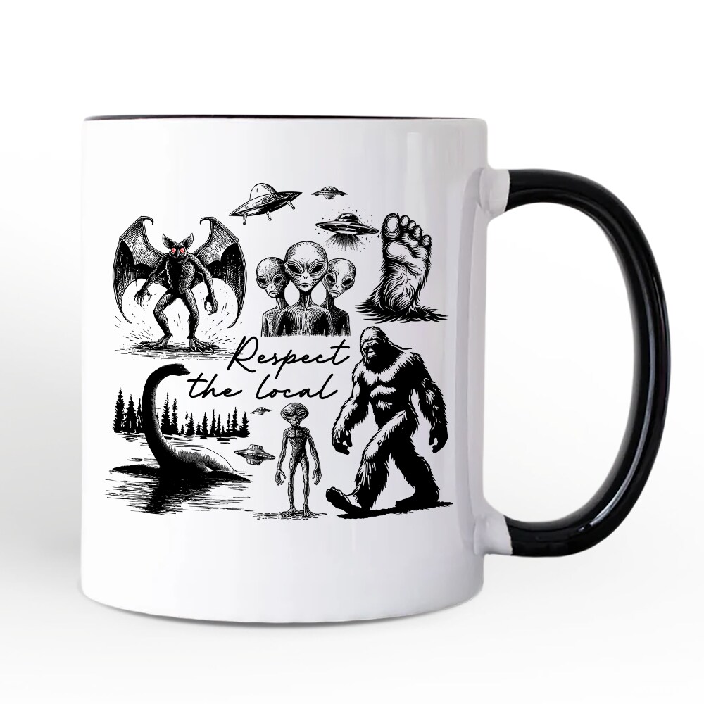 Respect The Local Cryptid Squad Mug, Funny Bigfoot Alien Mothman Meme ...