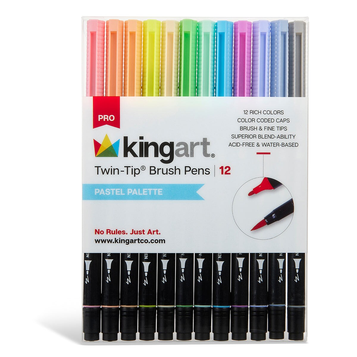 KINGART&#xAE; PRO Twin-Tip&#x2122; Brush Pens, 12 PASTEL Colors