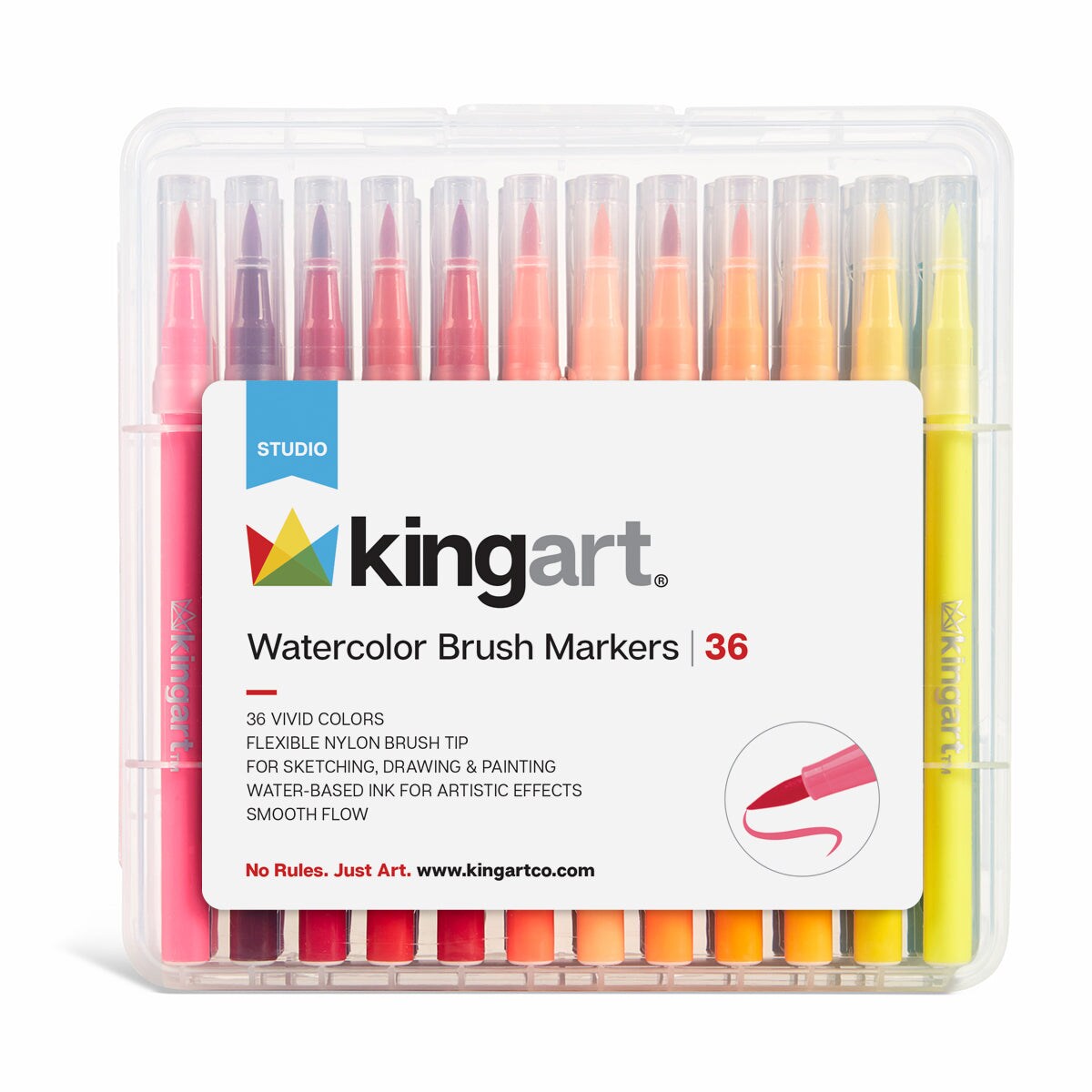 KINGART&#xAE; Watercolor Brush Markers, Storage Case, Set of 36 Unique Colors