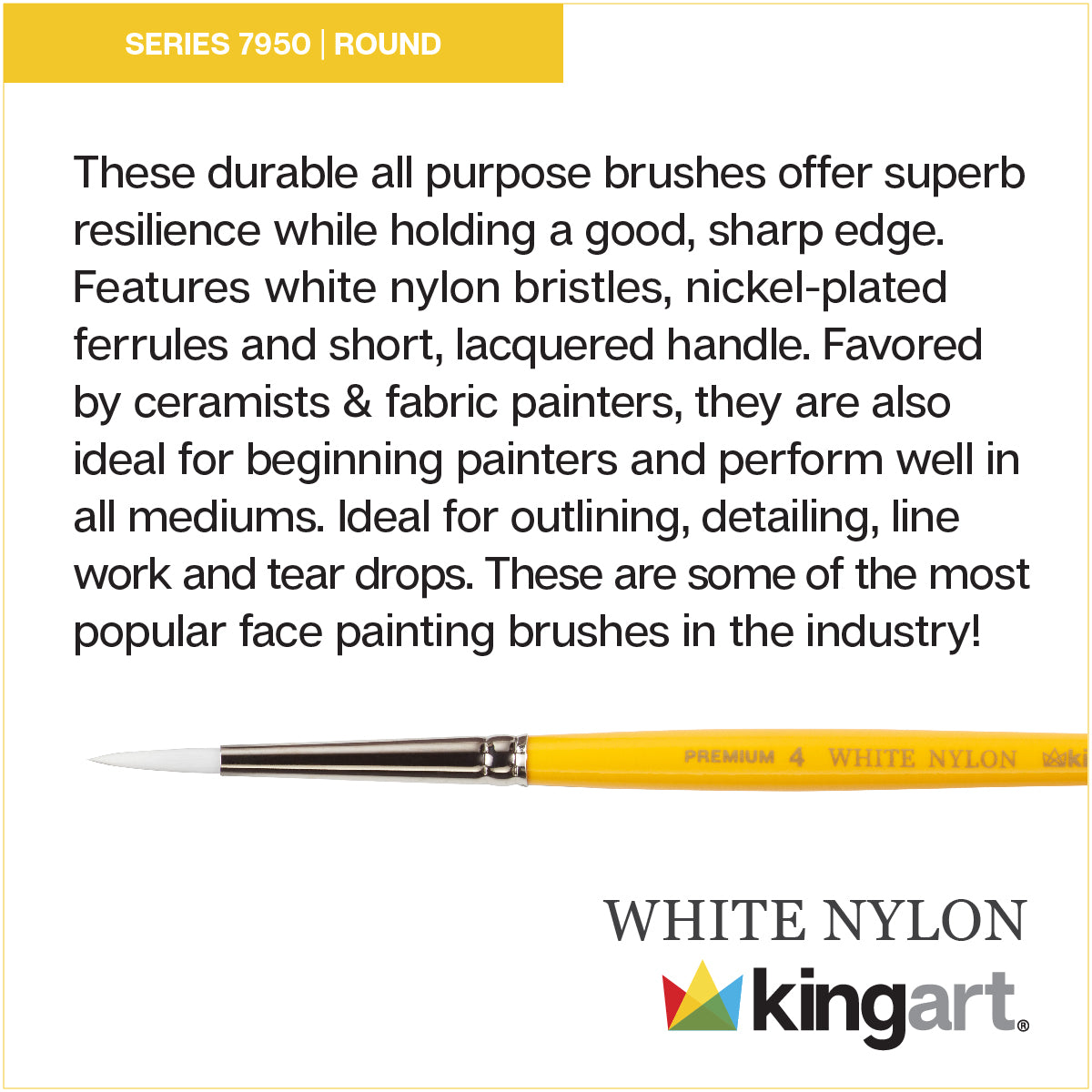 KINGART&#xAE; White Nylon 7950 Round Set, 8 pc