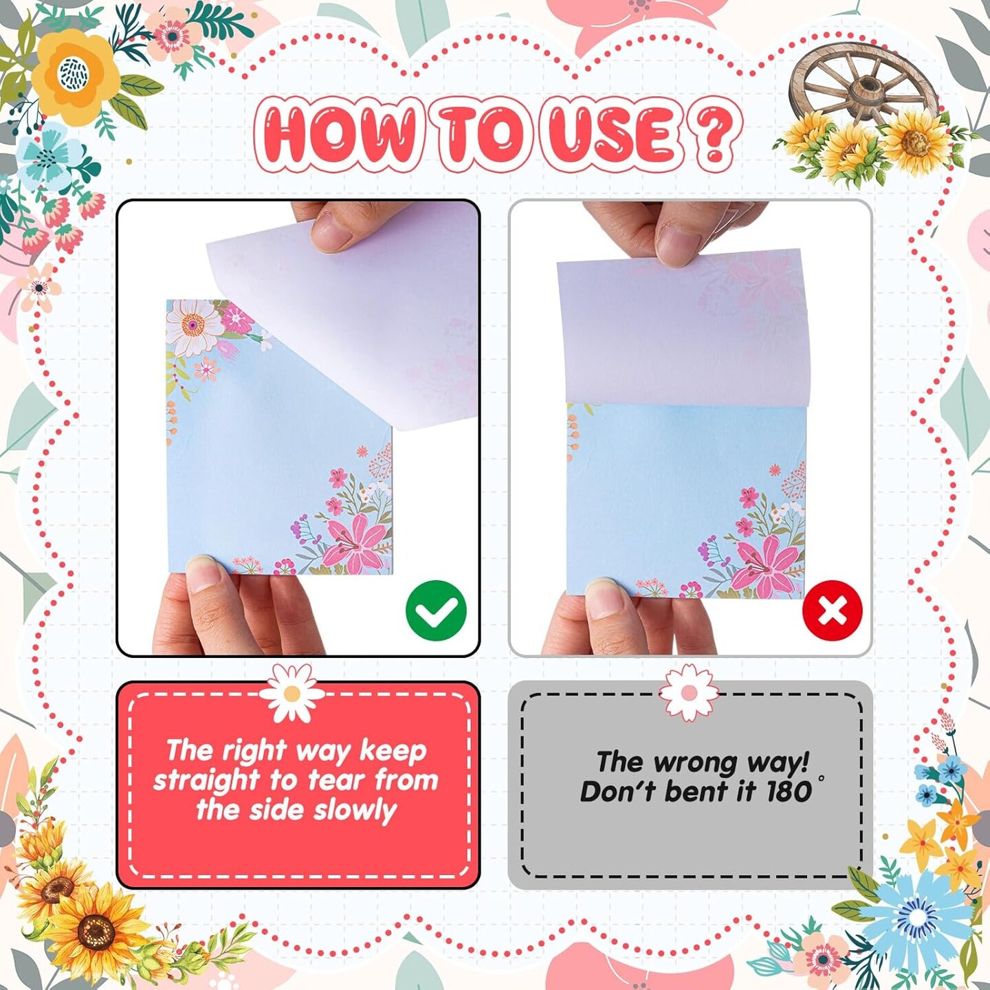 9 Pads Cute Sticky Notes Animal Sticky Note Pads 3.15 x 3.94 Inches Colored Adhesive Memo Reminder Decor for Journal School Office Gifts(Flower)