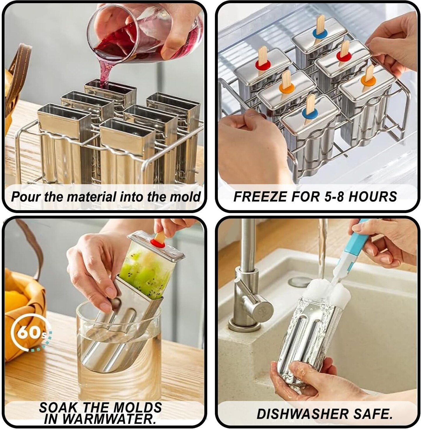Set of 6 Stainless Steel Popsicle Molds Kit, Homemade Ice Treat Makerwith 50 Wooden Sticks and 6 Silicone Seals and 20 Pop Bags,Cleaning Brush&#xFF08;Square&#xFF09;