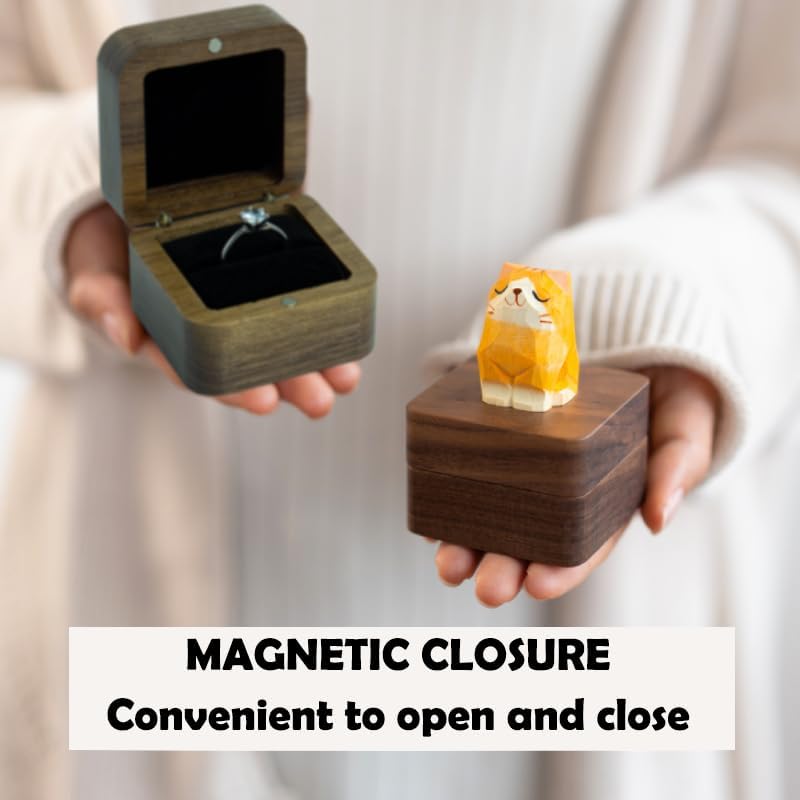 Hand-Carved Cat Wooden Ring Box - Magnetic Closure &#x26; Shockproof Sponge Vintage Jewelry Ring Holder Box, Personalized Square Wedding Ring Box