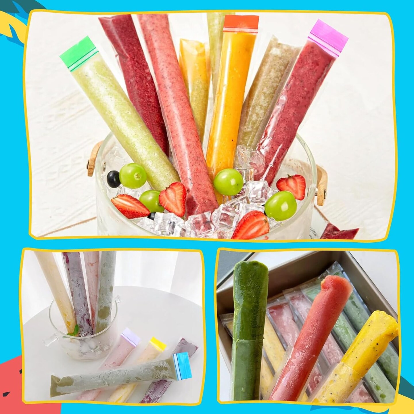 120 Disposable Ice Popsicle Mold Bags, Freezer Tubes with Double Leak-proof Zip Seals 6 Vibrant Colors Soft PE Material Easy to Fill for Snacks Yogurt Juice Fruit Ice Pops with Funnel