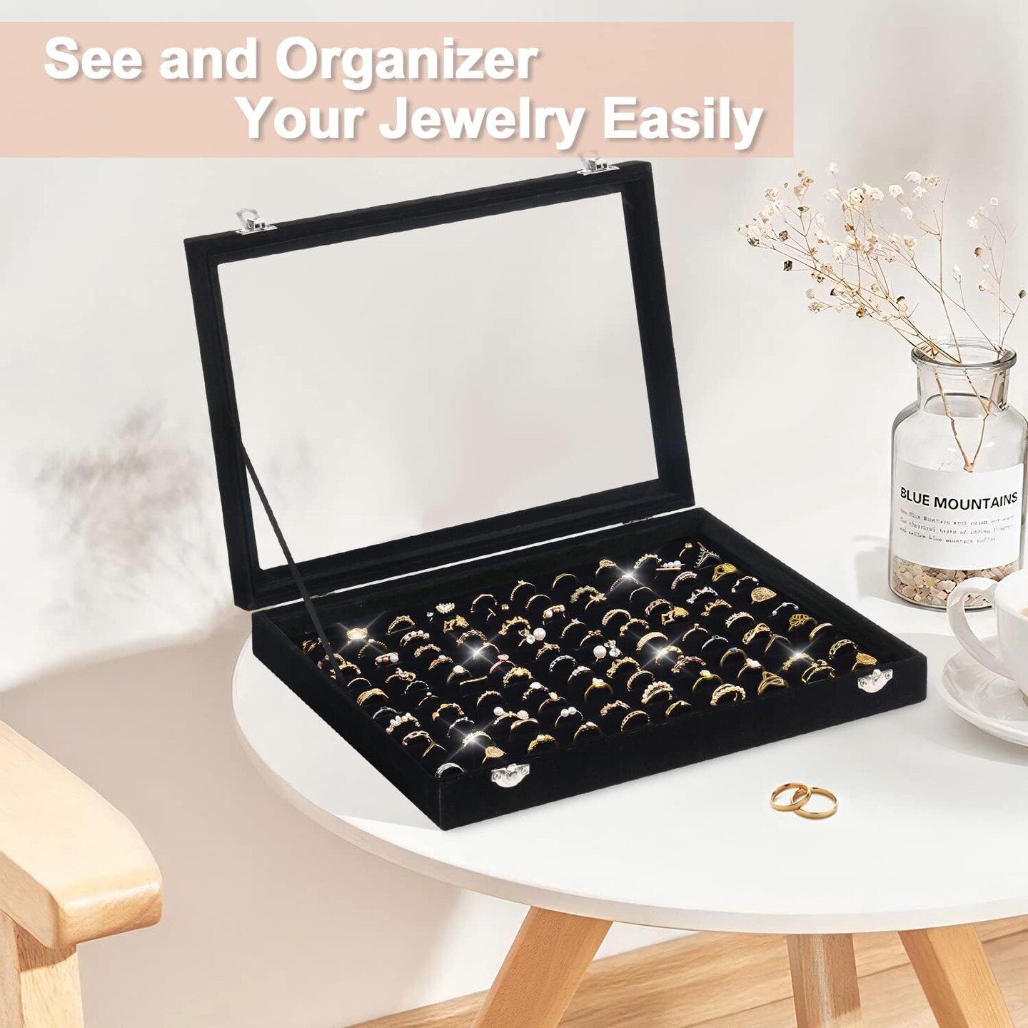 Ring Organizer for Jewelry, Ring Holder Box with Clear Lid, Dustproof Velvet Rings Display Tray Storage Case
