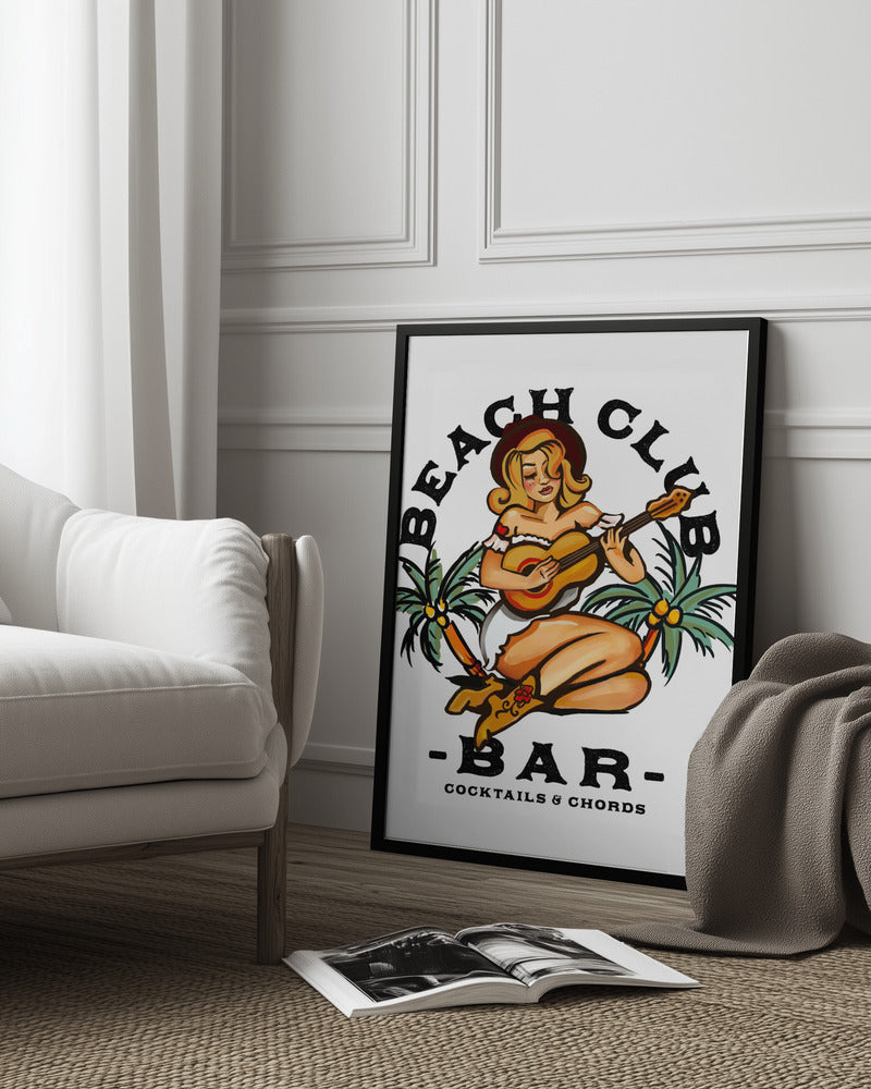 Beach Club Bar. Sailor Jerry Style Pin-up Girl Playing Guitar - The Whiskey Ginger 24x36 Black Framed Art | Home or Office Art