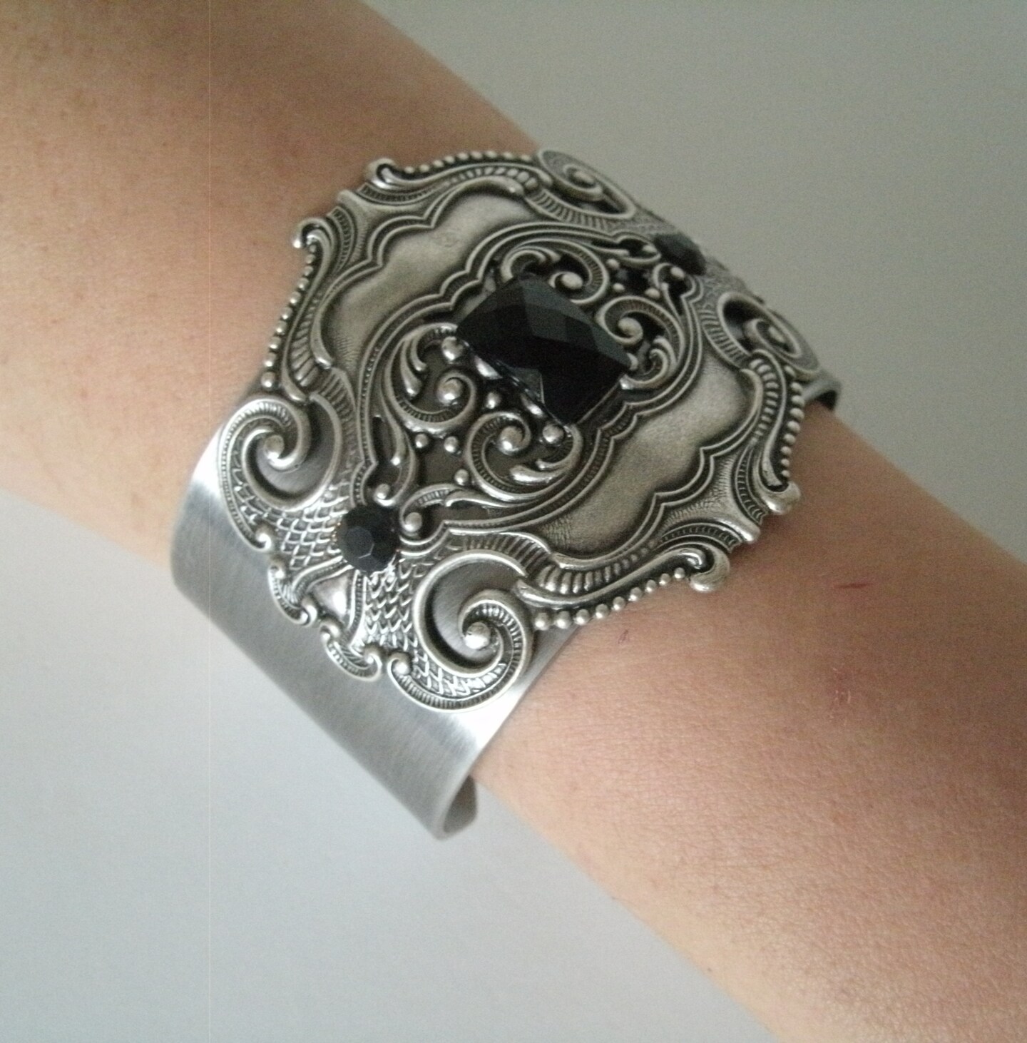 Black Onyx Bracelet Silver Cuff Art Nouveau Deco Victorian 