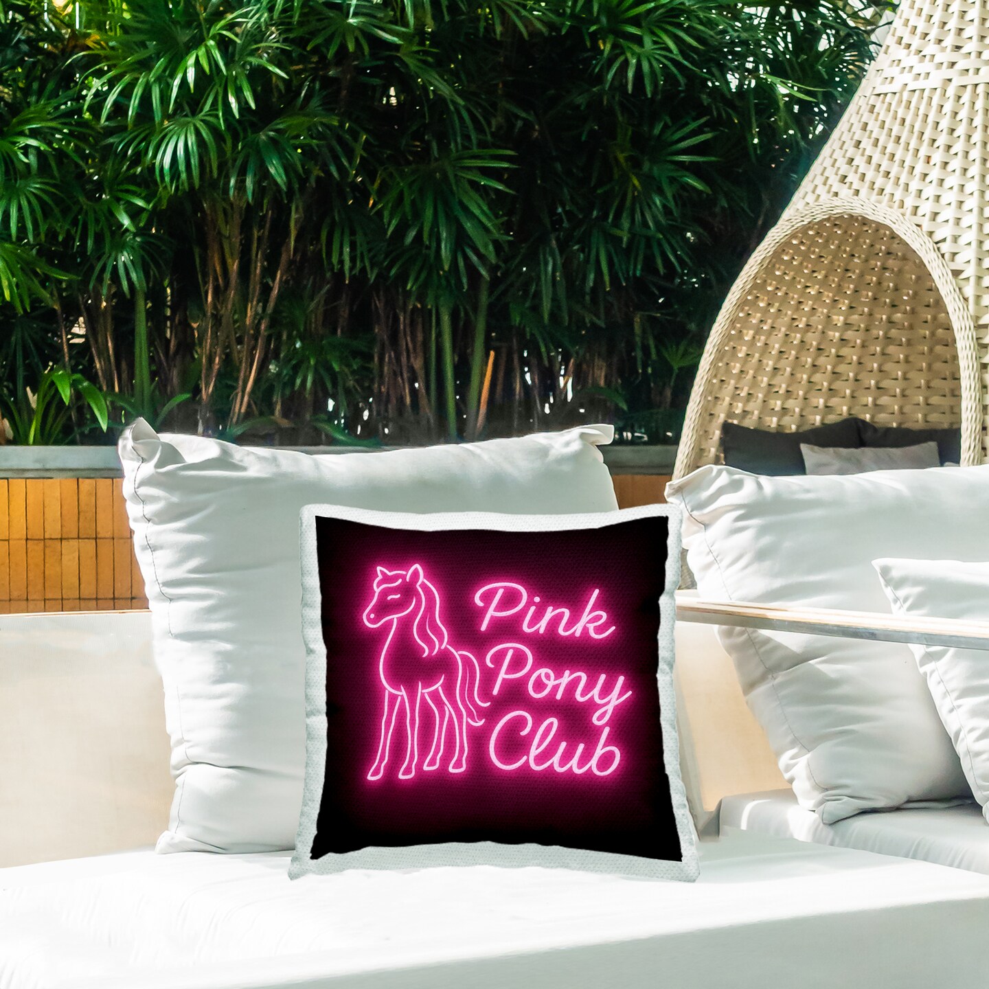 Stupell Industries Pink Pony Club Neon Outdoor Printed Pillow, design by Grotto Studios, 18 x 7 x 18