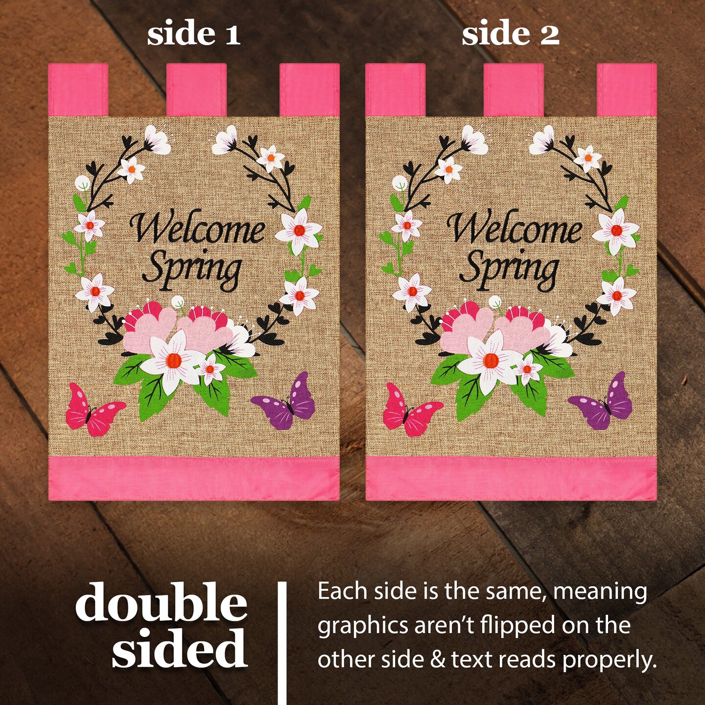 G128 Garden Flag Spring Decoration Welcome Spring Flower Wreath and Butterflies 12"x18" Burlap Fabric