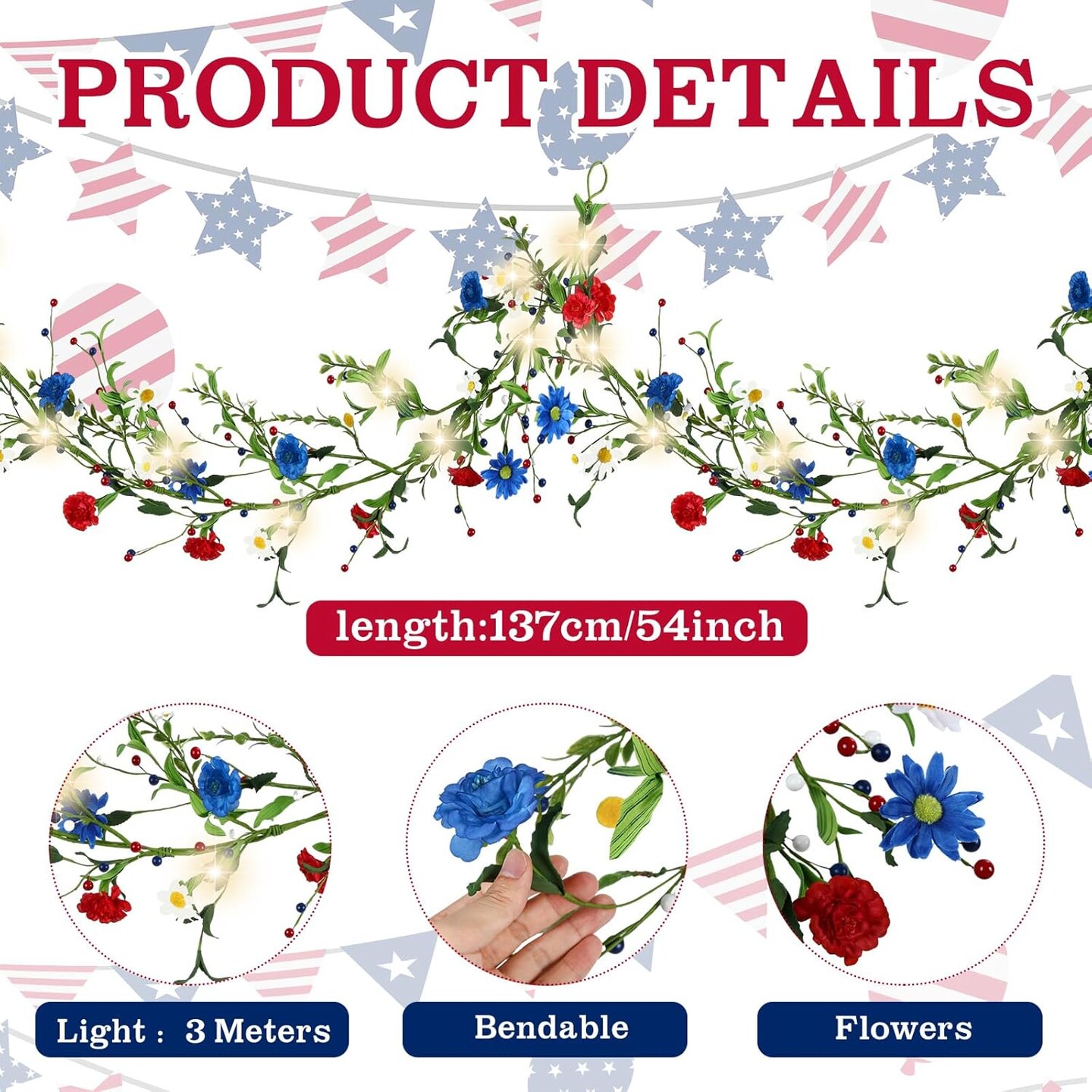 Ring Garland Flower with 30 Lights for 4th of July Decorations
