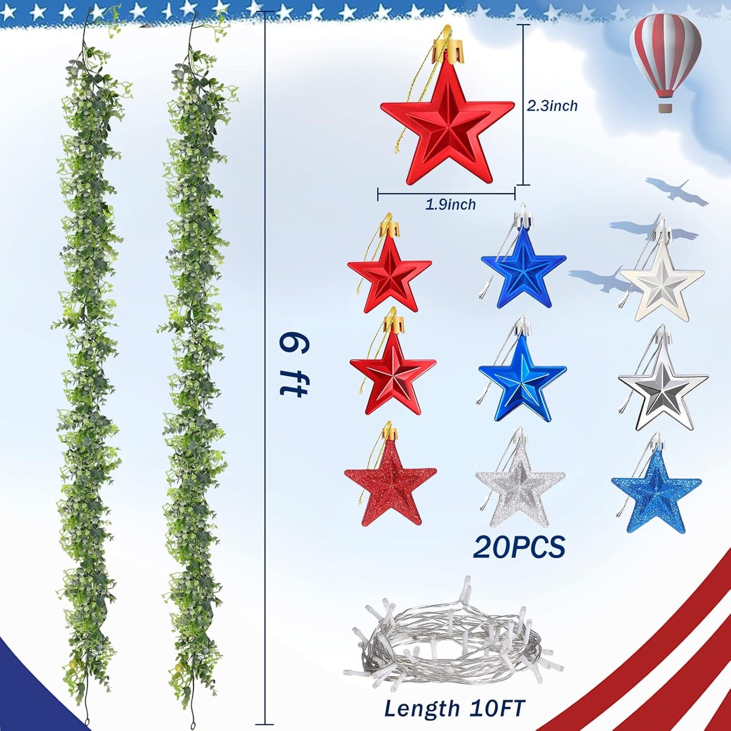 6 FT LED July Garland with String Lights for 4th of July Decorations