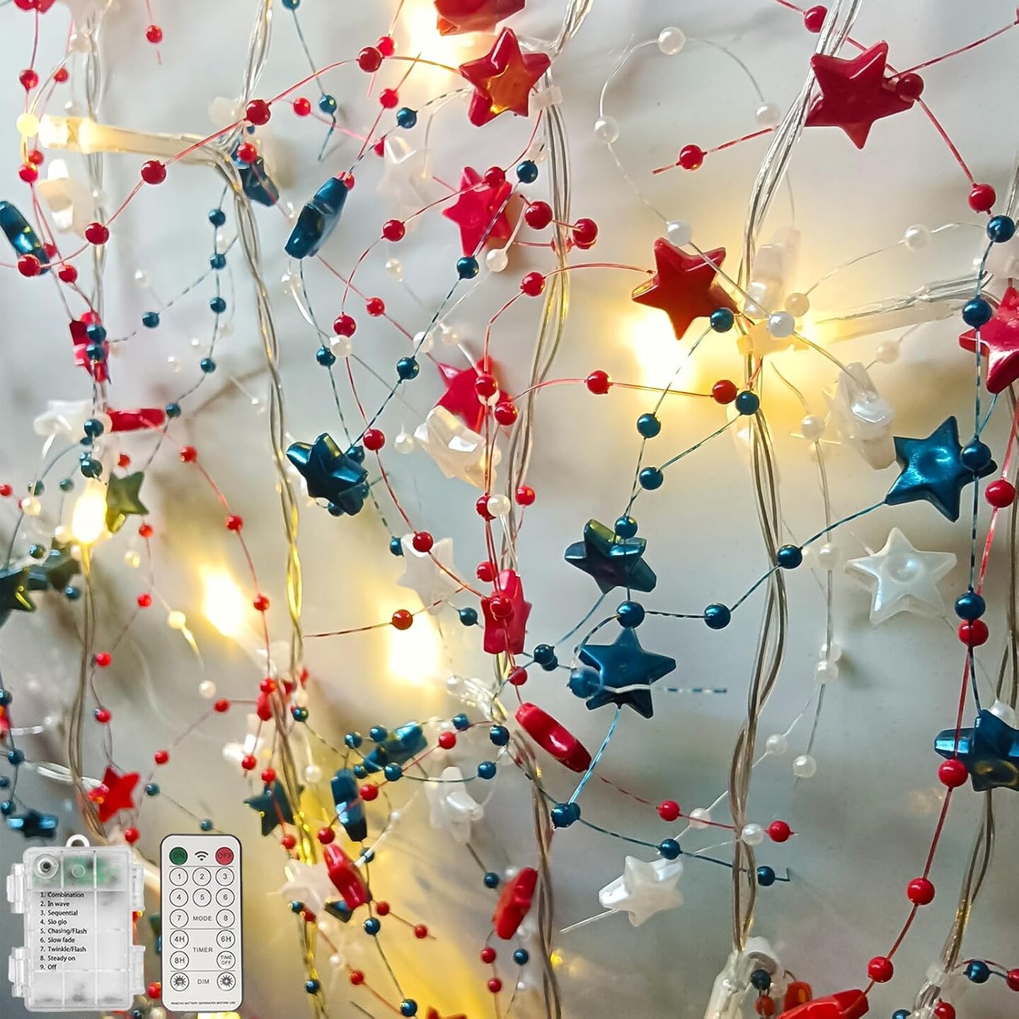 14Ft 40 LED Red White Blue Star Garland with Lights for 4th of July Decorations