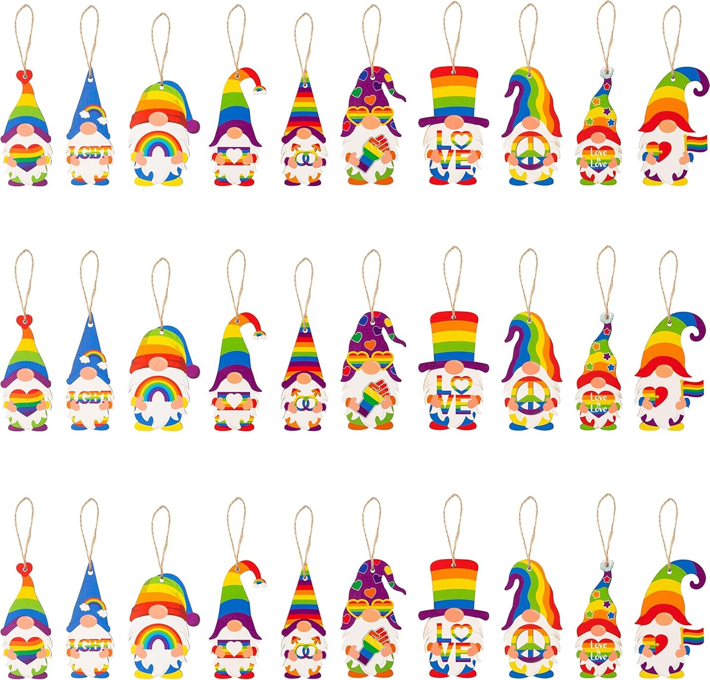 LGBT Gay Pride Wooden Gnome Ornaments - 31Pcs Wood Rainbow Gnome Elf Pendants with Ropes Love is Love LGBTQ Gay Couple Hanging Tags for Home Lesbian Pride Party Decorations Supplies