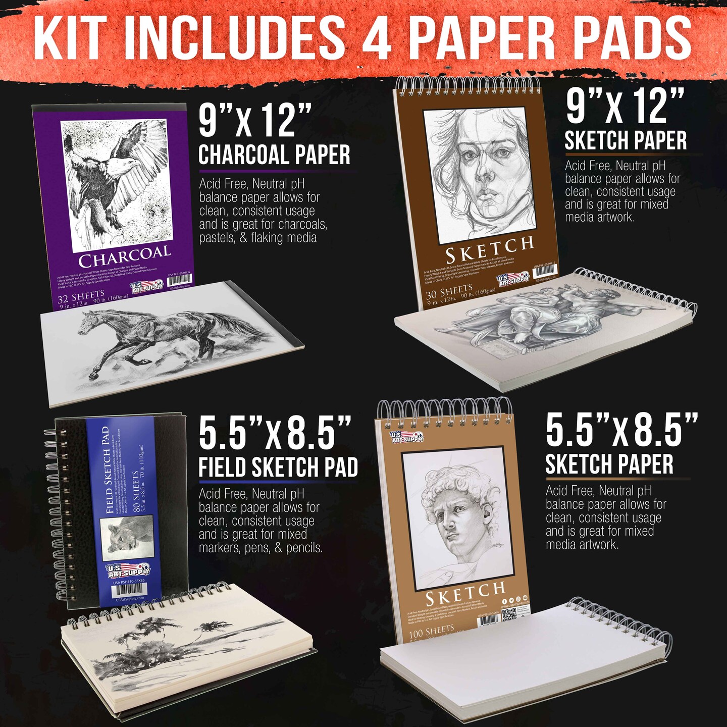 54-Piece Drawing &#x26; Sketching Art Set with 4 Sketch Pads - Ultimate Artist Kit, Graphite and Charcoal Pencils &#x26; Sticks, Pastels, Case