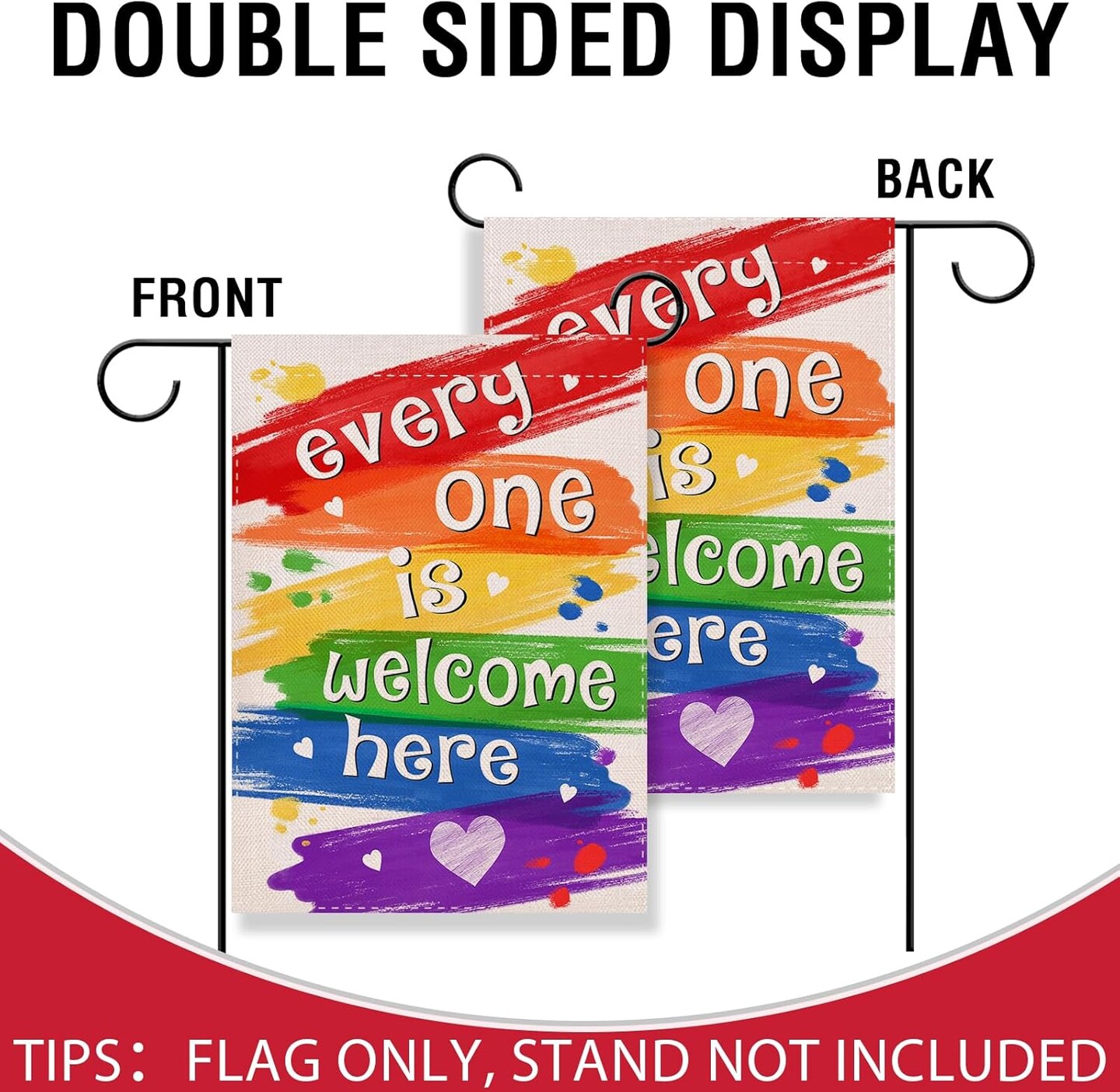 Pride Rainbow Every One is Welcome Here Small Decorative Garden Flag, LGBTQ Gay Lesbian Yard Lawn Outside Decor, LGBT Bisexual Pansexual Burlap Outdoor Home Decoration Double Sided 12 x 18