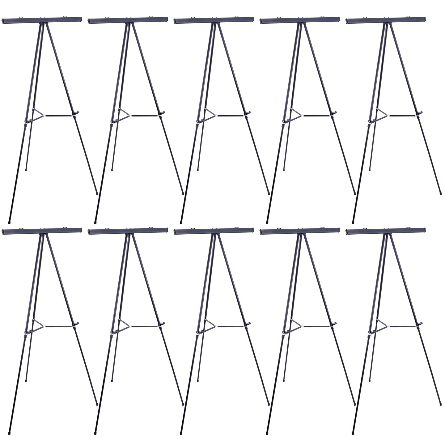 66&#x22; High Boardroom Black Aluminum Flip Chart Easel &#x26; Presentation Stand (10 Pack) - Adjustable Floor/Tabletop, Portable Tripod, Holds 25 lbs., for Chart Paper, Poster Boards, &#x26; Pads