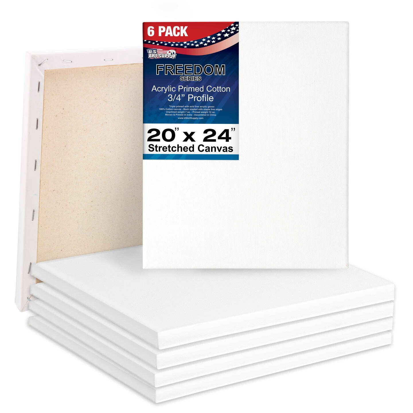 20 x 24 inch Stretched Canvas 12-Ounce Triple Primed, 6-Pack - Professional Artist Quality White Blank 3/4&#x22; Profile, 100% Cotton, Heavy-Weight Gesso