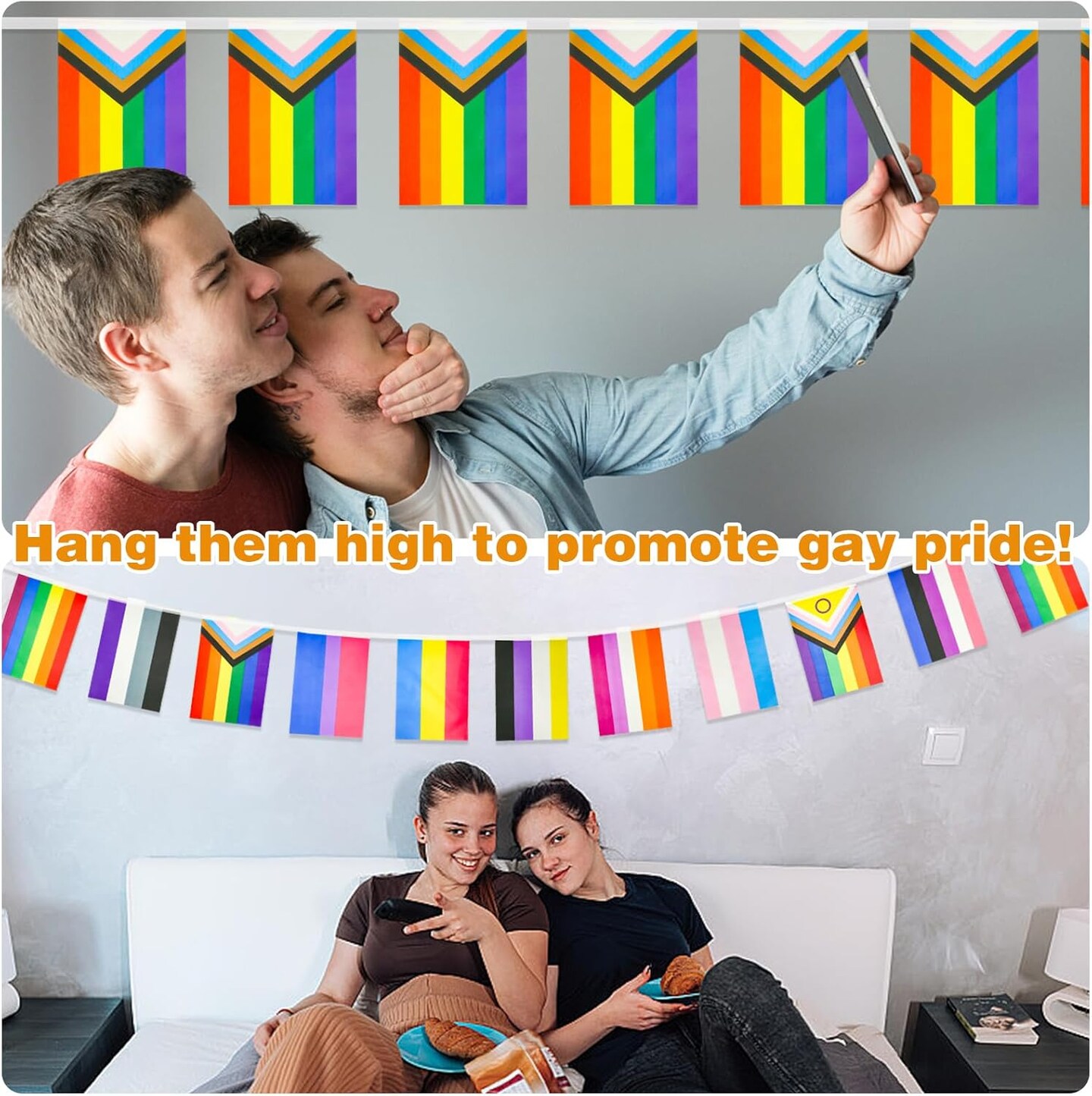 2Pcs Pride Flag Rainbow Banner, 32.8ft LGBT Flag Pride Decorations, LGBT String Flags Rainbow Flag Gay Pride Flag, Colorful Gay Flag Pride Decor for LGBT Party Rainbow Party (2 Styles, 60 Flags)