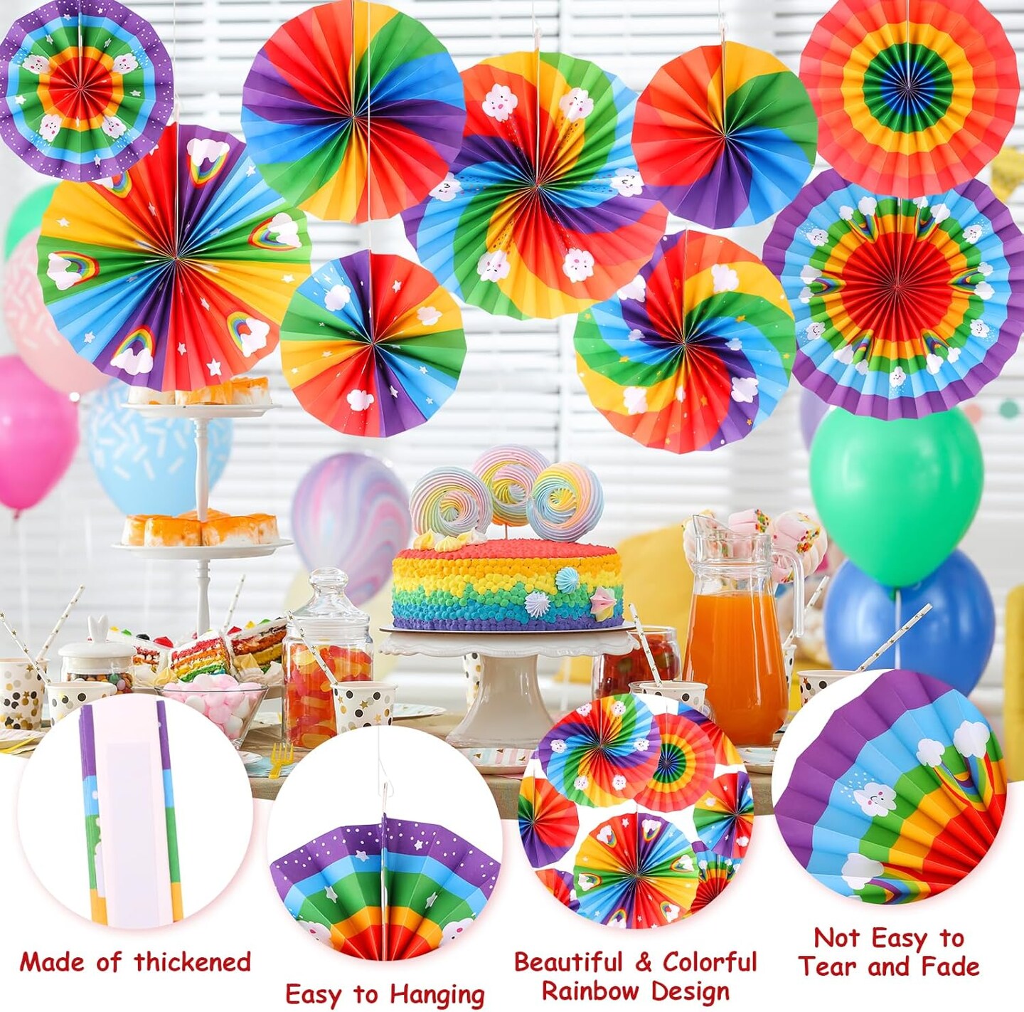 9 PCS Rainbow Hanging Decorations Paper Fans Rainbow Theme Classroom Decorations Paper Fans Colorful Rainbow Cloud Ceiling Wall Decor