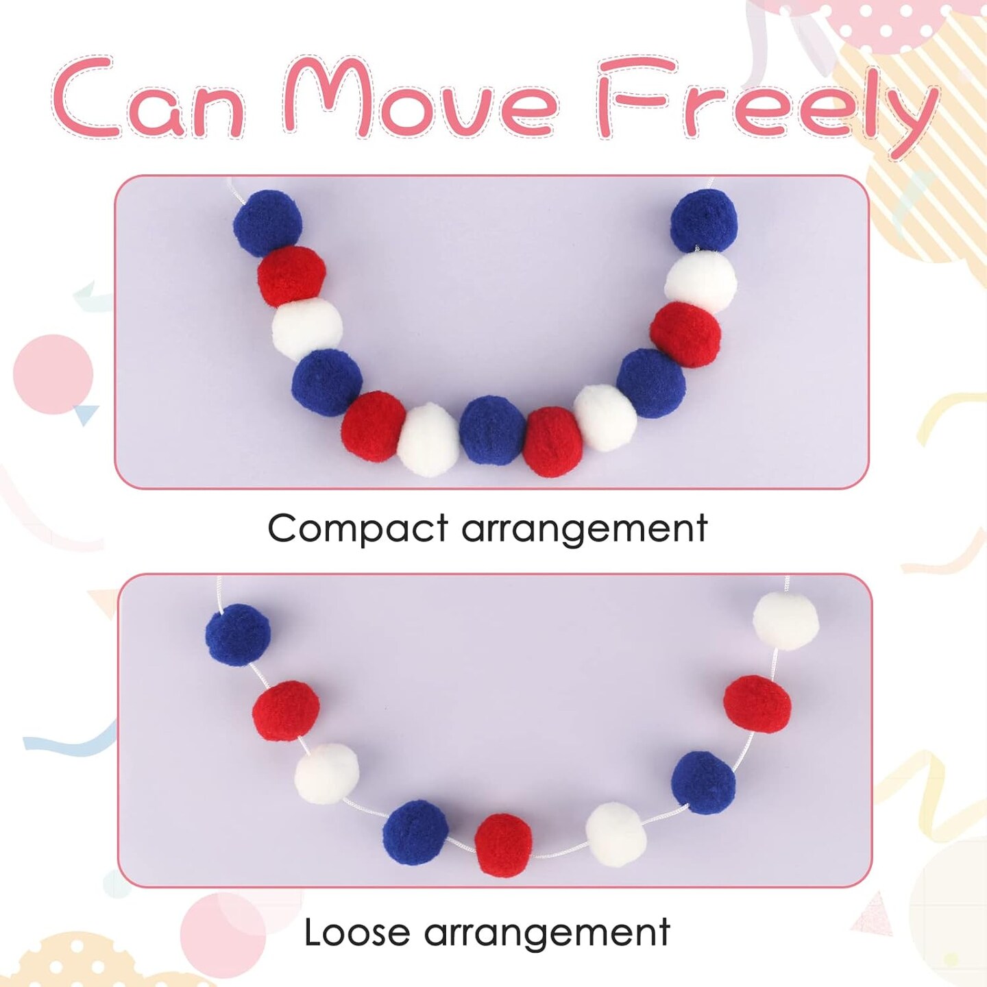 16.4 Ft Red White Blue Pom Pom Garland for 4th of July Decorations