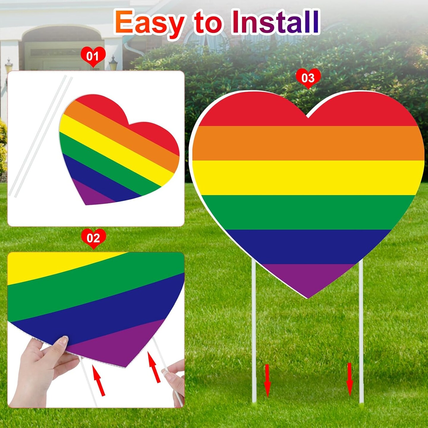 16 Pieces Gay Pride Yard Signs Rainbow Gay Heart Lawn Signs with 32 Pieces Stakes Plastic Waterproof Outdoor Gay Yard Signs for LGBTQ Rainbow Party Yard Decorations