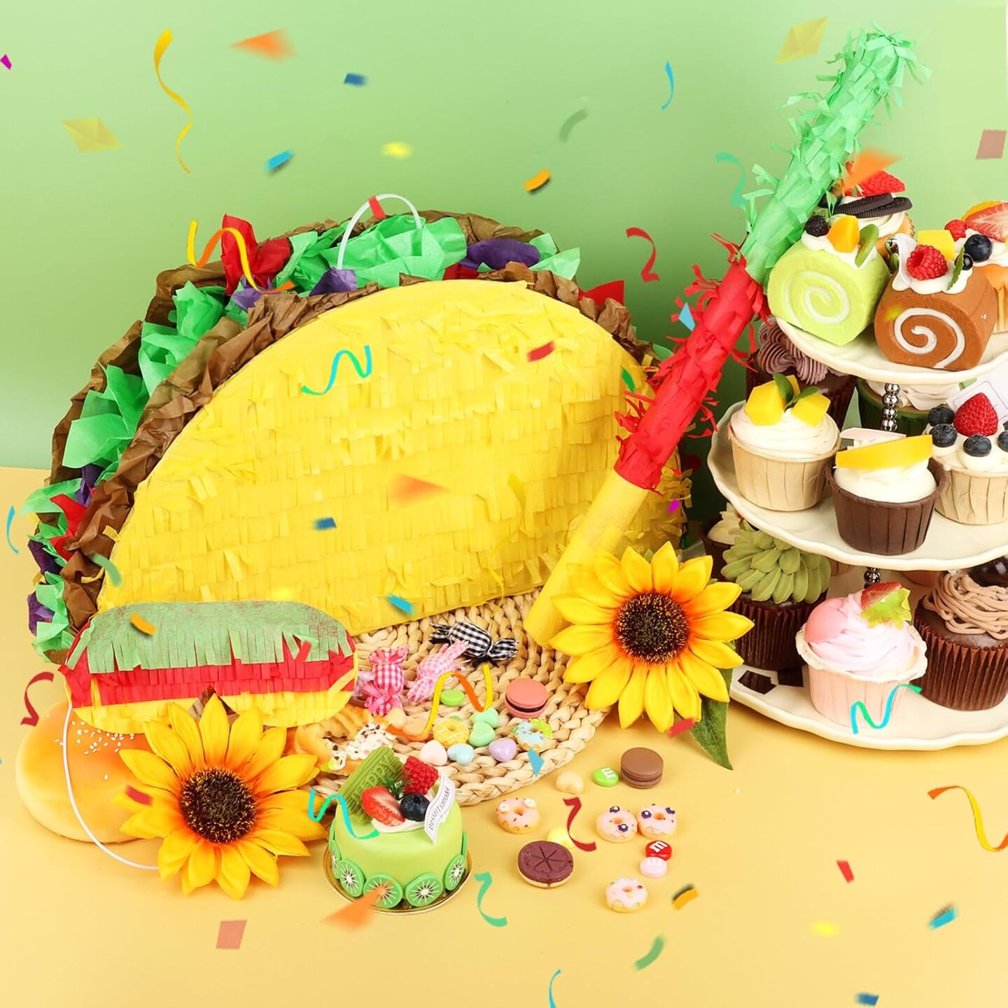Taco Pinata Set Mexican Birthday Party Pinata with Stick &#x26; Blindfold for Kids Adults Cinco de Mayo Taco Decorations Mexican Party Games Fiesta Themed Birthday Party Supplies