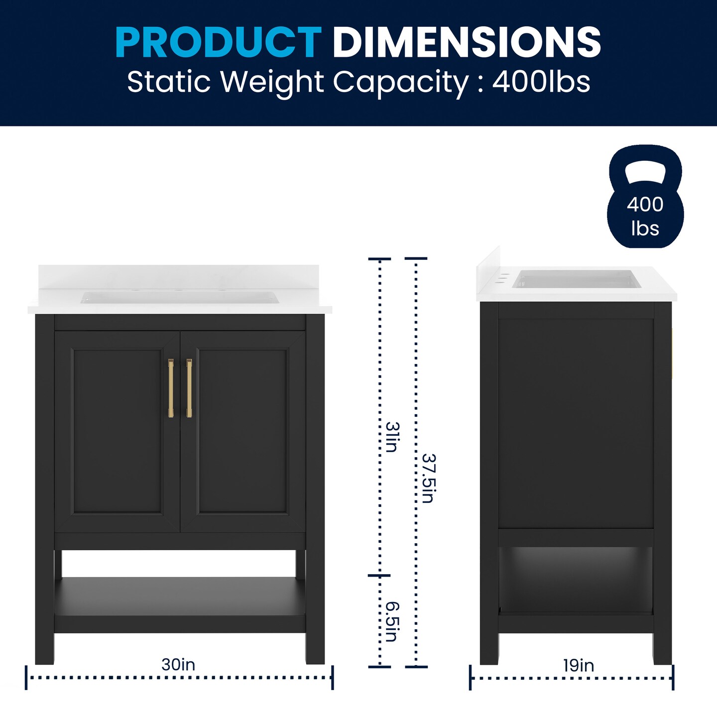 Merrick Lane Vigo Bathroom Vanity with Ceramic Sink, Carrara Marble Finish Countertop, Storage Cabinet with Soft Close Doors and Open Shelf