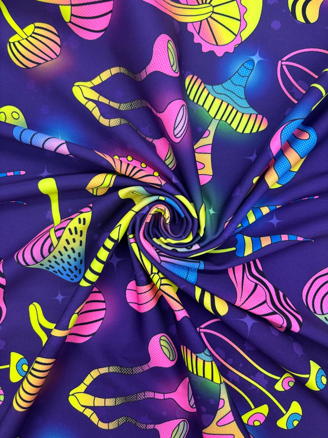 1 yard purple trippy mushroom print four way stretch spandex fabric for