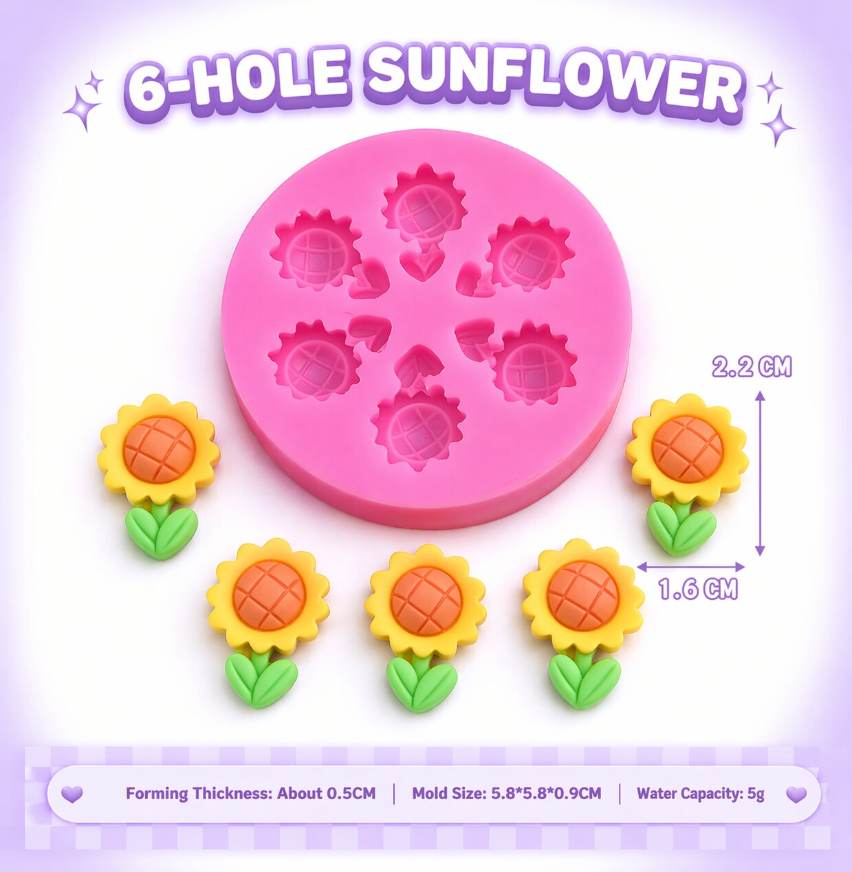 Mini Sunflower Silicone Mold – 6 Cavity Flower Mold for Fondant, Chocolate, Resin & Cake Decorating