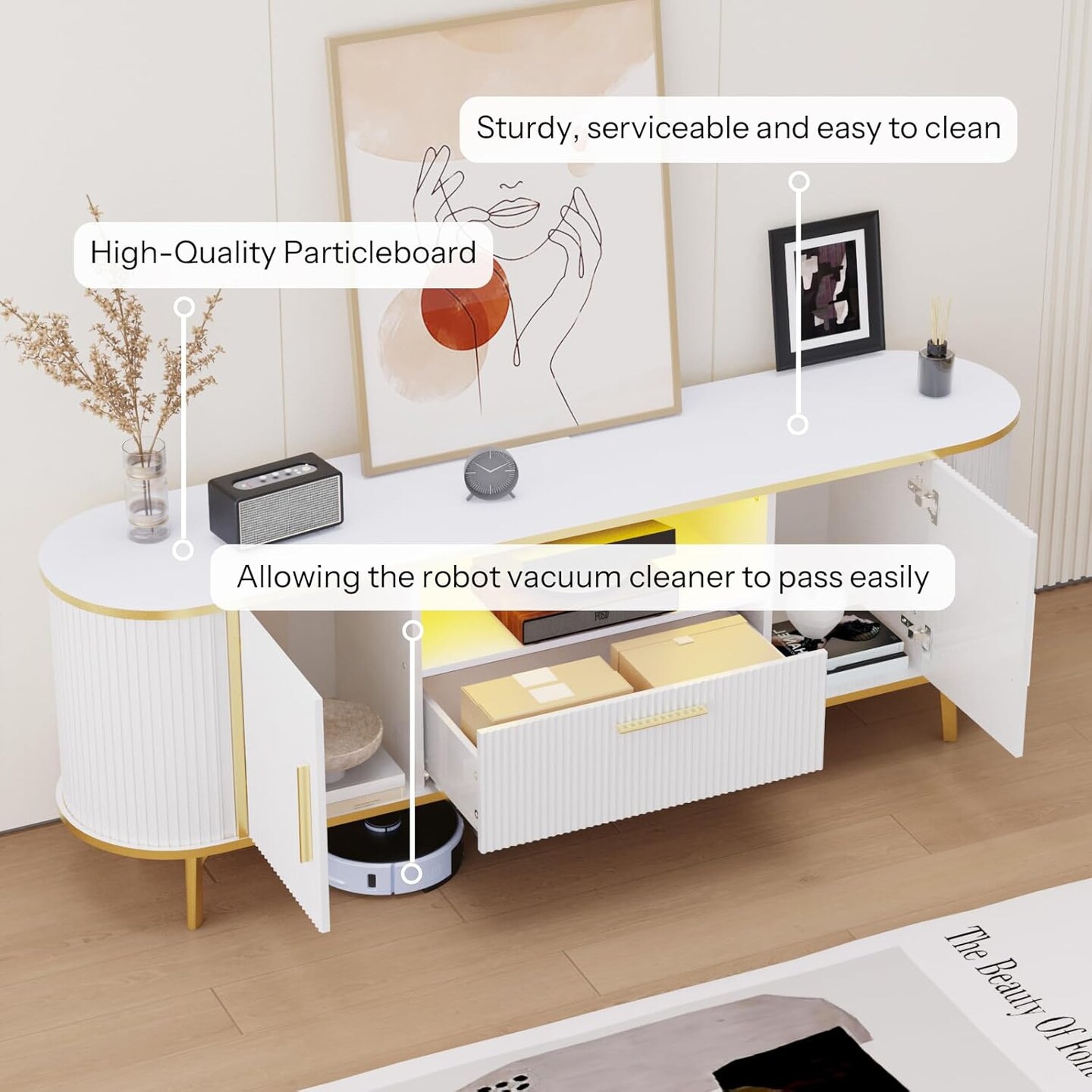 White-Gold Engineered Wood TV Stand with Fluted Design and LED Ports